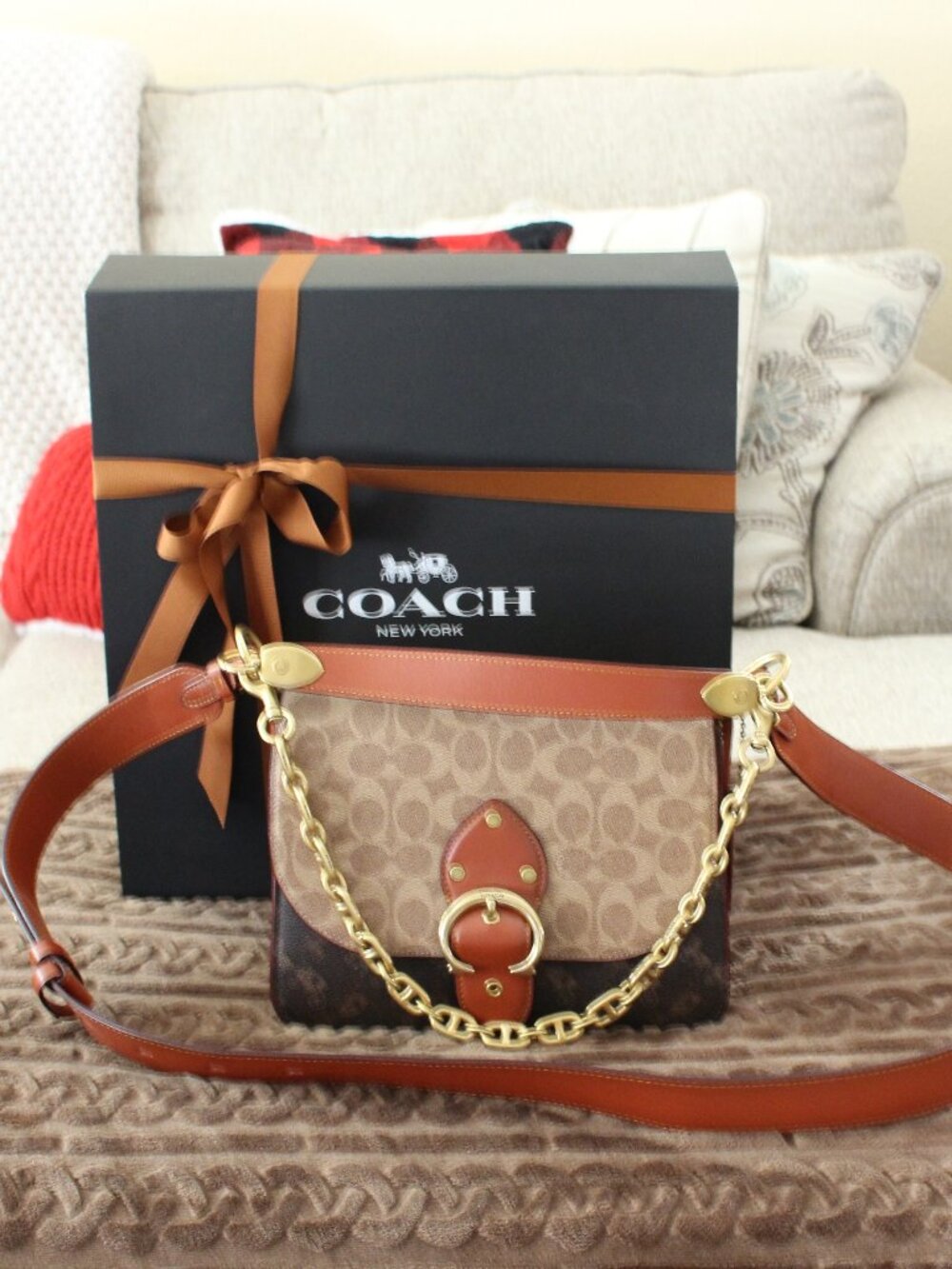 Coach Signature Carriage Coated Canvas Beat Shoulder Bag Tan/Brown Rust